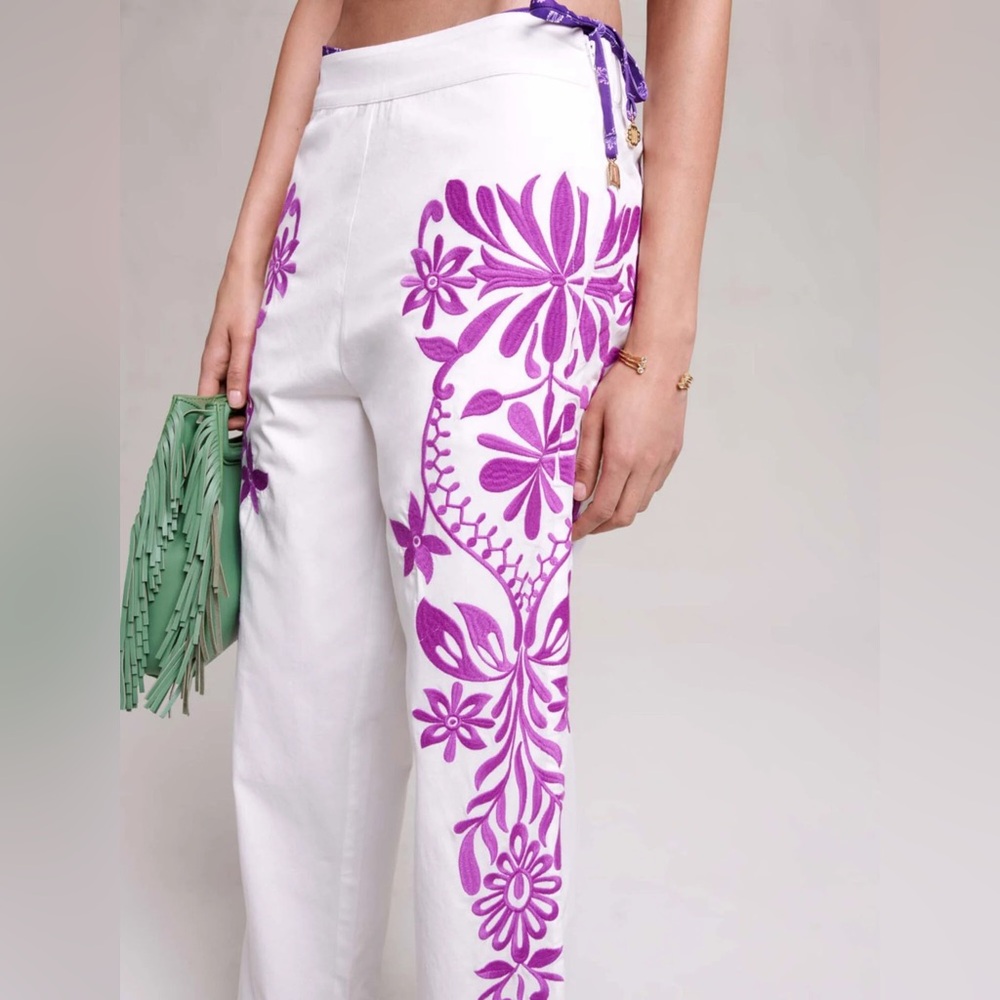 Maje Embroidered White and Purple Women's Pants